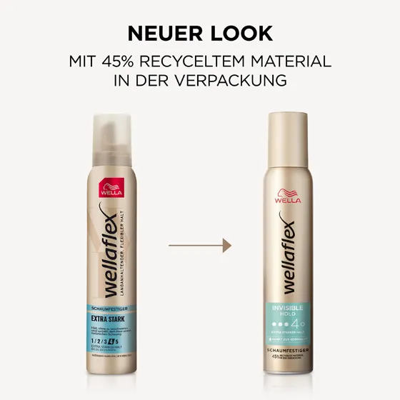 Alte Wellaflex-Schaumfestiger-Verpackung auf der linken Seite. Neue Wellaflex-Schaumfestiger-Verpackung auf der rechten Seite von der Invisible Hold Reihe.