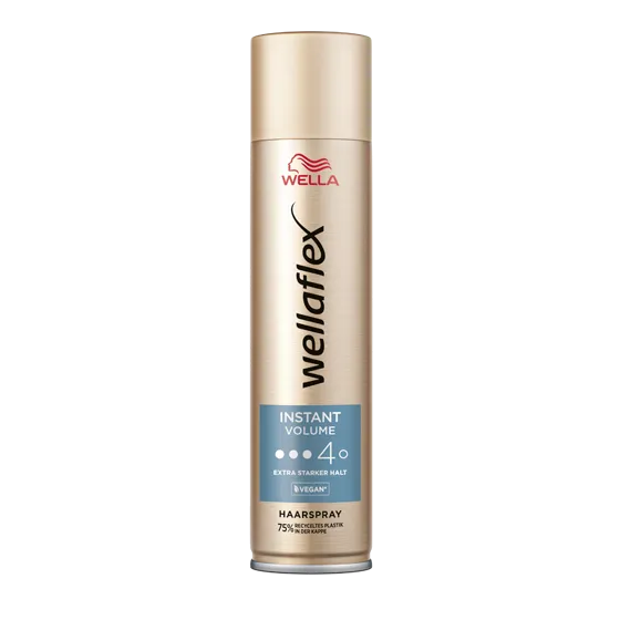 Goldene Haarspraydose von Wellaflex von der Instant Volumen Reihe, mit Haltegrad 4.