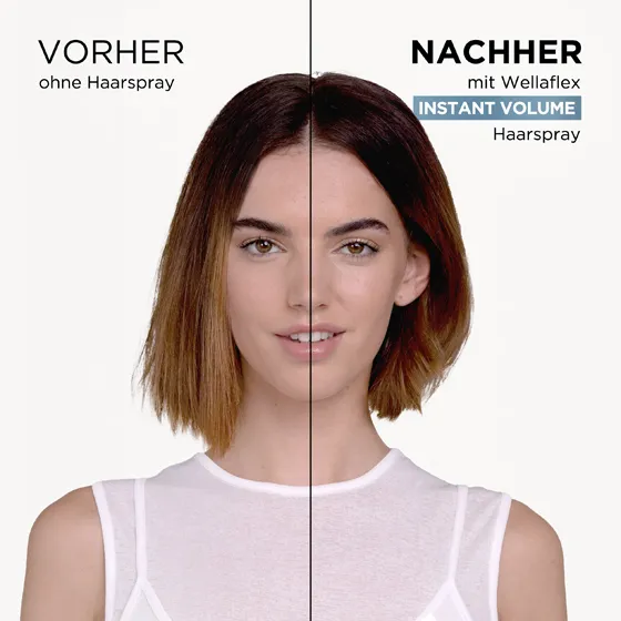 Collage aus zwei Bildhälften. Links ist ein braunhaariges, ungestyltes Model. Rechts ist ein braunhaariges Model, welches seine Haare mit dem Instant Volumen Haarspray von Wellaflex gestylt hat.