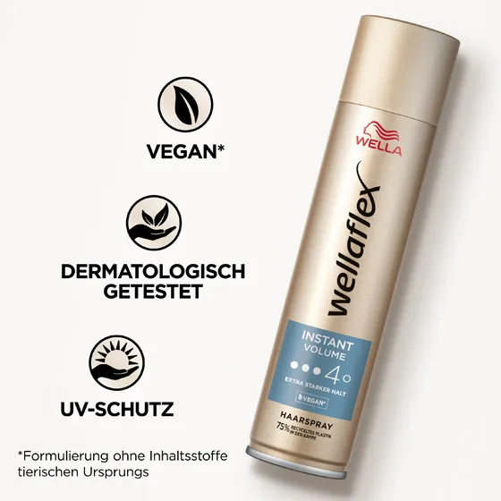 Goldene Haarspraydose von Wellaflex von der Instant Volumen Reihe mit Produkteigenschaften. Das Haarspray hat eine vegane Formel, ist dermatologisch getestet und bietet einen UV-Schutz.