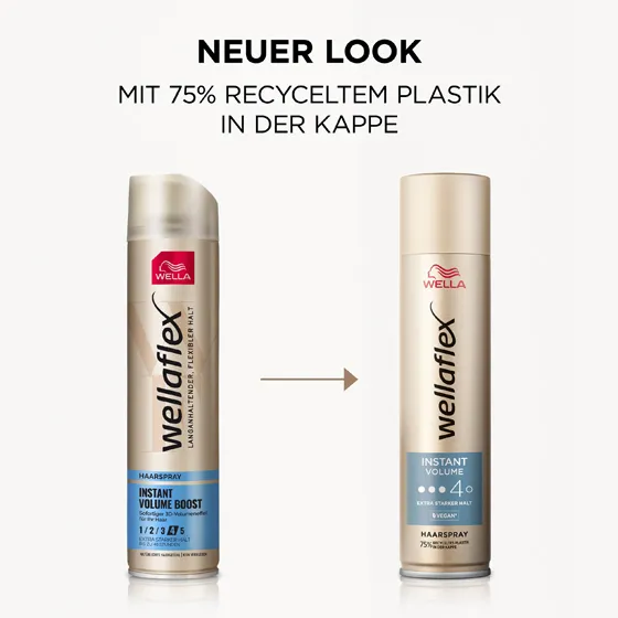 Alte Wellaflex-Haarspray-Verpackung auf der linken Seite. Neue Wellaflex-Haarspray-Verpackung auf der rechten Seite von der Instant Volumen Reihe.