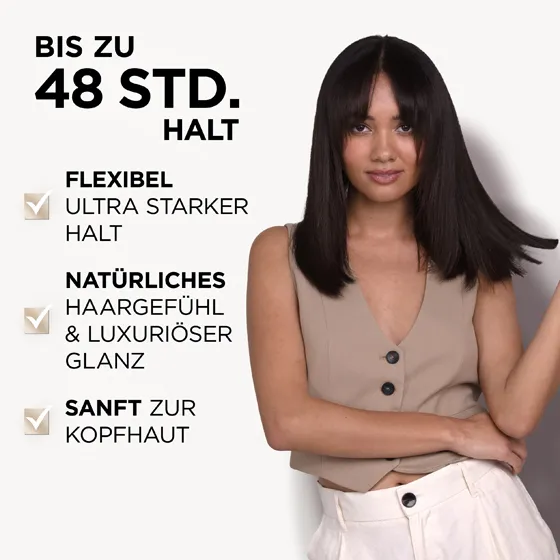 Model mit braunen Haaren. Das Shine & Hold Haarspray von Wellaflex bietet einen Halt, der bis zu 48 Stunden anhält. Zudem bietet es einen flexiblen ultra starken Halt, sorgt für ein natrüliches Haargefühl mit einem luxuriösen Schein und ist sanft zur Kopfhaut.