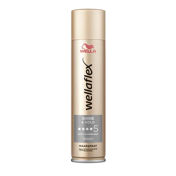 Goldene Haarspraydose von Wellaflex von der Shine & Hold Reihe, mit dem Haltegrad 5.
