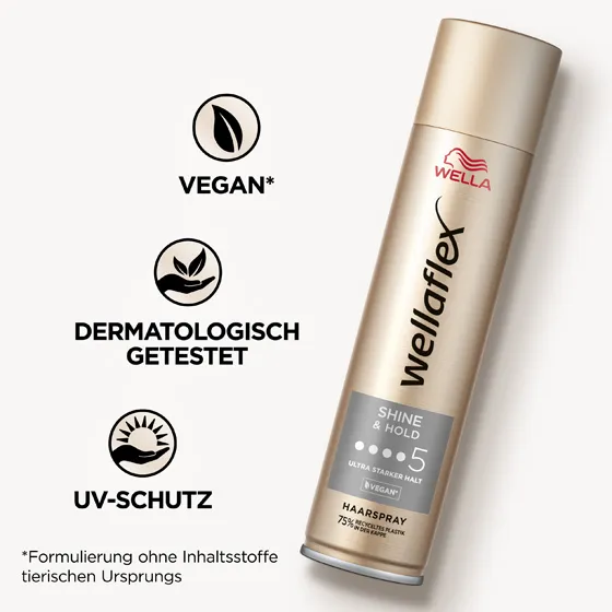 Goldene Haarspraydose von Wellaflex von der Shine & Hold Reihe mit Produkteigenschaften. Das Haarspray hat eine vegane Formel, ist dermatologisch getestet und bietet einen UV-Schutz.