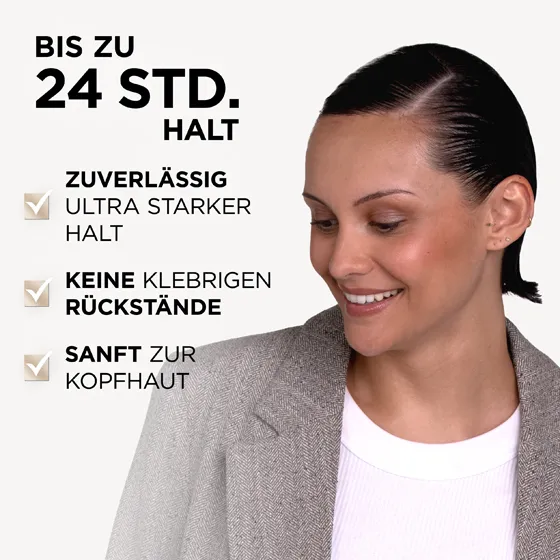 Model mit schwarzen, kinnlangen Haaren. Das Power Hold Gel von Wellaflex bietet einen Halt, der bis zu 24 Stunden anhält. Zudem bietet es ultra starken Halt, hinterlässt keine Rückstände und ist sanft zur Kopfhaut.