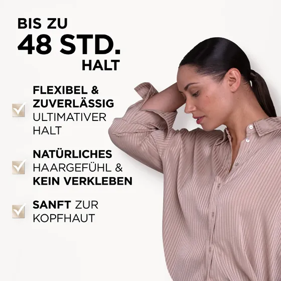 Model mit braunen Haaren. Der Extreme Hold Haarlack von Wellaflex bietet einen Halt, der bis zu 48 Stunden anhält. Zudem bietet er einen flexiblen ultimativen Halt, sorgt für ein natrüliches Haargefühl, ohne es zu verkleben und ist sanft zur Kopfhaut.