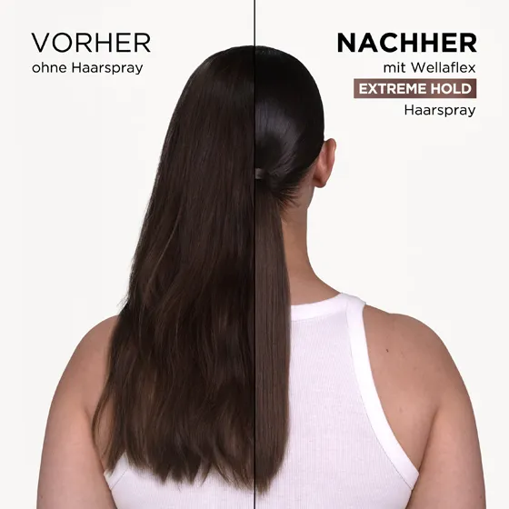 Collage aus zwei Bildhälften. Links ist ein ungestyltes Model mit braunen Haaren zu sehen. Rechts ist das selbe Model, welches seine Haare mit dem Extreme Hold Haarlack von Wellaflex gestylt hat.