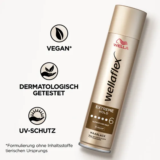 Goldene Haarlackdose von Wellaflex von der Extreme Hold Reihe mit Produkteigenschaften. Der Haarlack hat eine vegane Formel, ist dermatologisch getestet und bietet einen UV-Schutz.