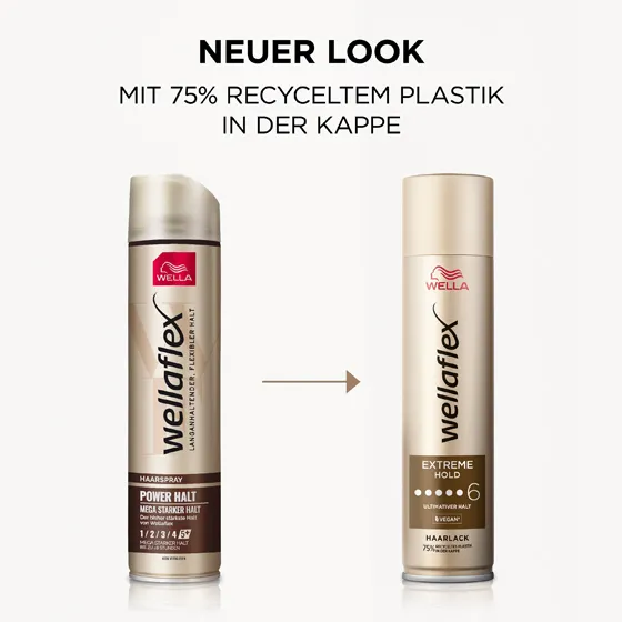 Alte Wellaflex-Haarlack-Verpackung auf der linken Seite. Neue Wellaflex-Haarlack-Verpackung auf der rechten Seite von der Extreme Hold Reihe.