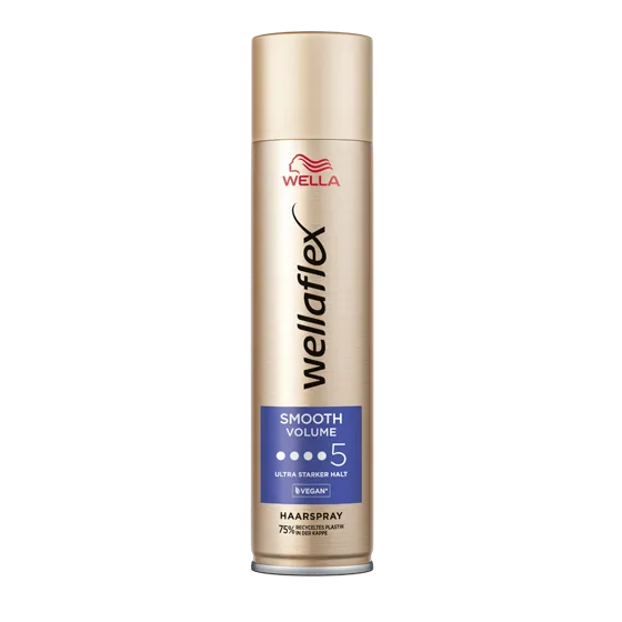 Goldene Haarspraydose von Wellaflex von der Smooth Volumen Reihe, mit dem Haltegrad 5.