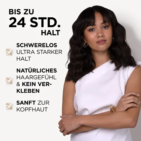 Model mit schwarzen Haaren. Der Shine & Hold Schaumfestiger von Wellaflex bietet einen Halt, der bis zu 24 Stunden anhält. Zudem bietet er einen ultra starken Halt, sorgt für ein natürliches Haargefühl, ohne klebrige Rückstände und ist sanft zur Kopfhaut.