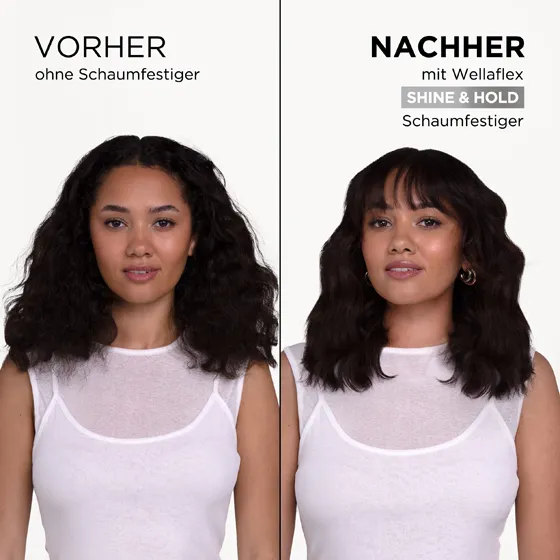 Collage aus zwei Bildhälften. Links ist ein ungestyltes Model mit schwarzen Haaren zu sehen. Rechts ist das selbe Model, welches seine Haare mit dem Shine & Hold Schaumfestiger von Wellaflex gestylt hat.