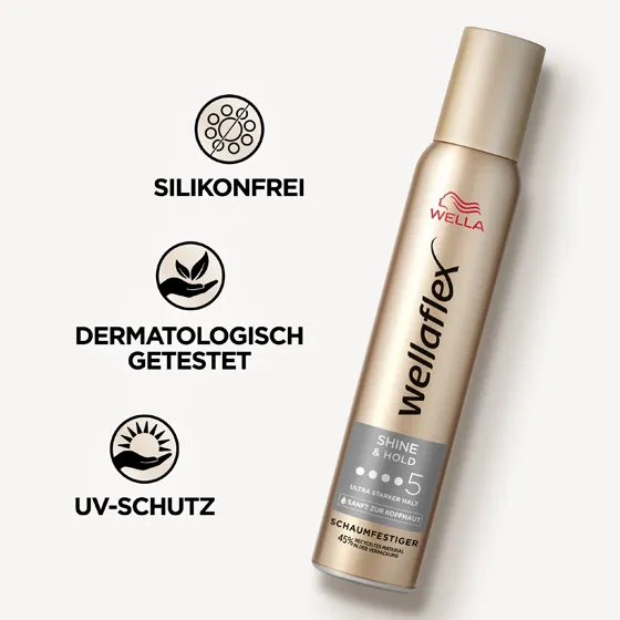 Goldene Schaumfestigerdose von Wellaflex der Shine & Hold Reihe mit Produkteigenschaften. Der Schaumfestiger ist frei von Silikonen, dermatologisch getestet und bietet einen UV-Schutz.
