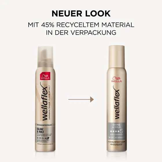 Alte Wellaflex-Schaumfestiger-Verpackung auf der linken Seite. Neue Wellaflex-Schaumfestiger-Verpackung auf der rechten Seite von der Shine & Hold Reihe.