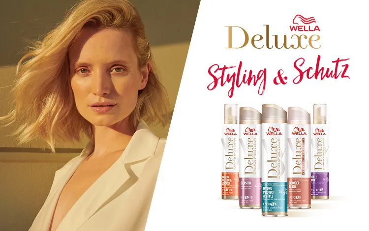 Frau mit blondem Haar. Wella Deluxe Produkte und Text: Styling & Schutz – mit 5-fach Keratin-Schutzkomplex