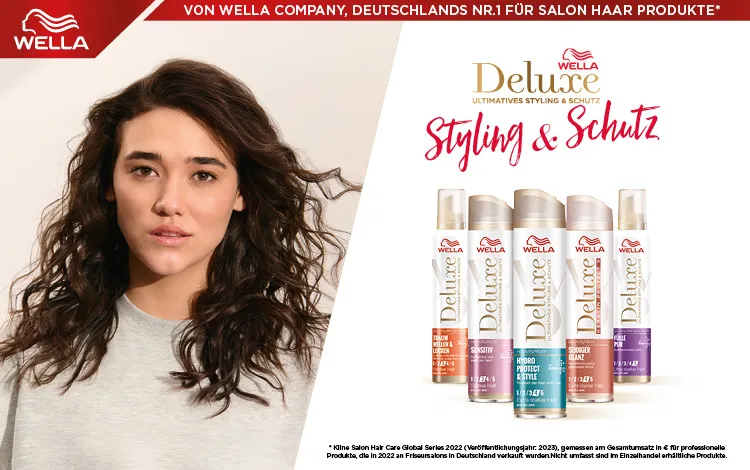 Frau mit blondem Haar. Wella Deluxe Produkte und Text: Styling & Schutz – mit 5-fach Keratin-Schutzkomplex