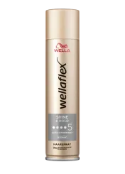 Goldene Haarspraydose von Wellaflex von der Shine & Hold Reihe, mit dem Haltegrad 5.