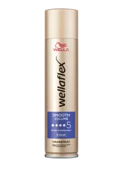 Goldene Haarspraydose von Wellaflex von der Smooth Volumen Reihe, mit dem Haltegrad 5.